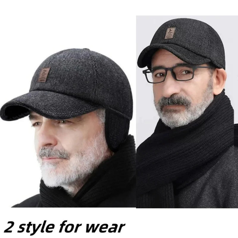 Autumn Winter Warm Men Woolen Baseball Cap Outdoor Ear Cover Earflaps Adjustable Hat Middle-aged Dad Hat With Earmuffs Design