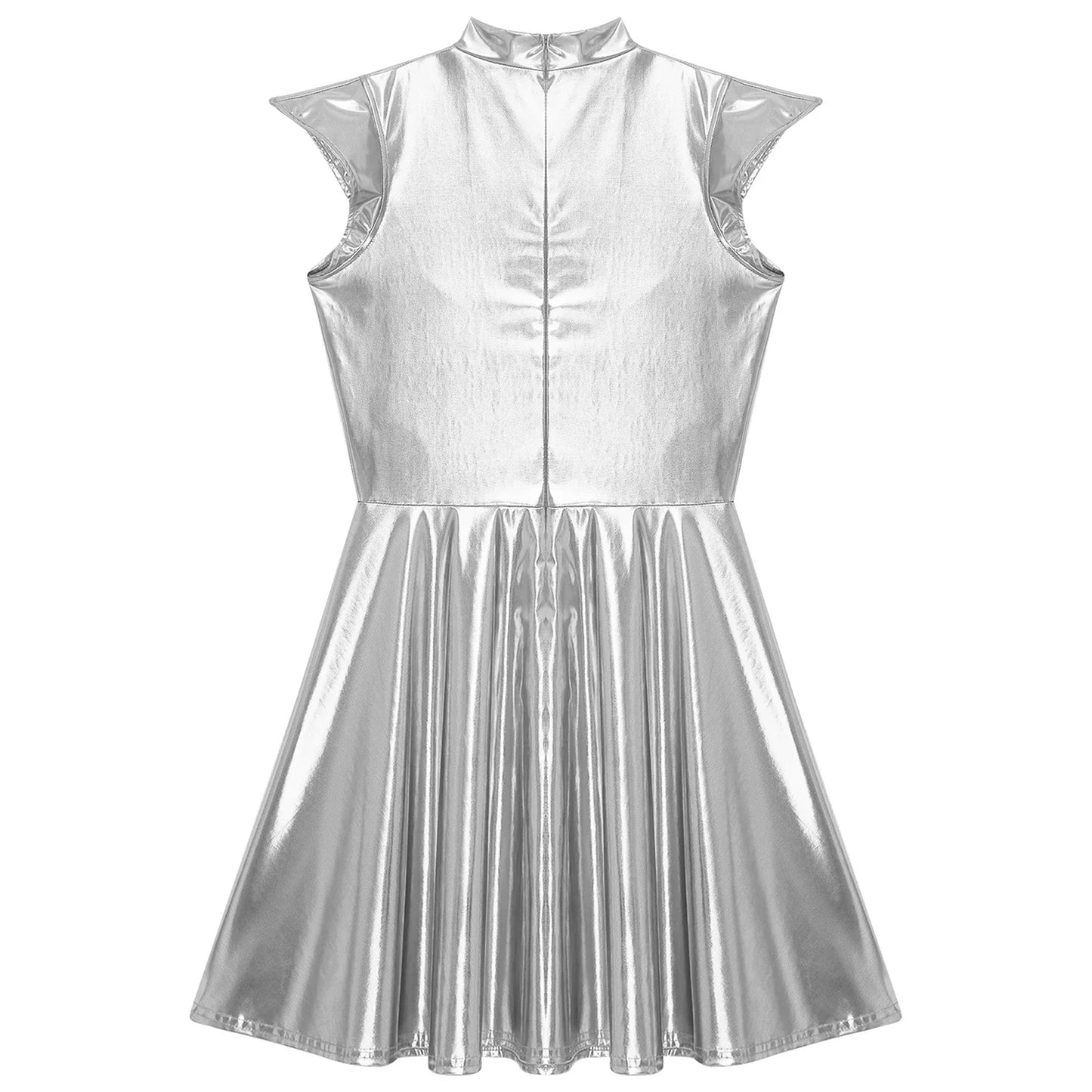 Womens Cocktail Dress Shiny Metallic Dress Alien Space Cap Sleeve High Waist A-line Dress for Halloween Party High Street Dress