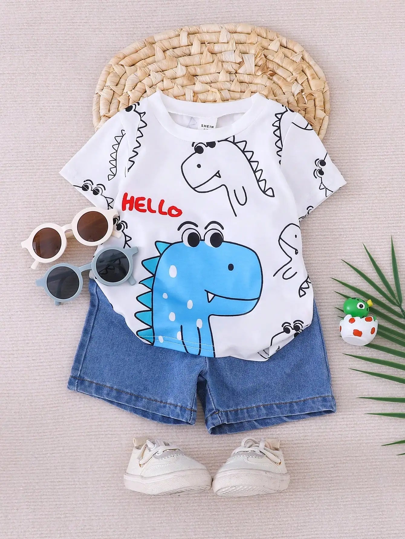 Summer 2-Piece Set New Casual Outdoor Comfort Breathable Cute Dinosaur Print Round Neck Short-Sleeved Denim Shorts Fashion Suit