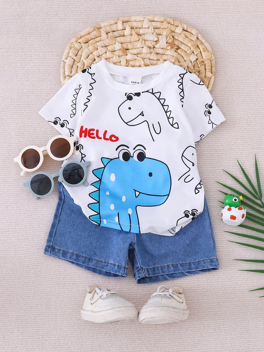 Summer 2-Piece Set New Casual Outdoor Comfort Breathable Cute Dinosaur Print Round Neck Short-Sleeved Denim Shorts Fashion Suit