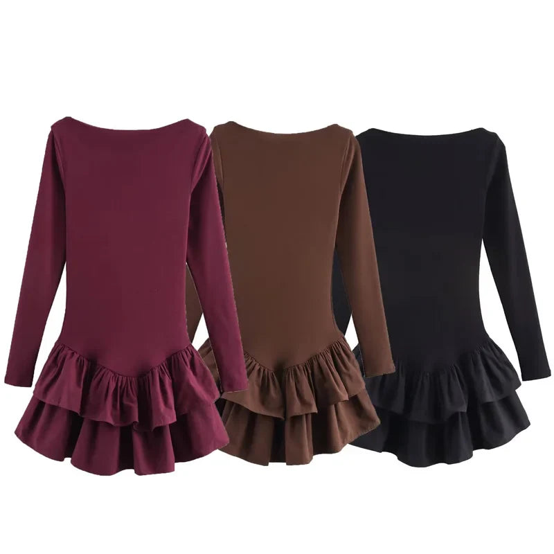 HXAO Womens Dresses Ruffled Corset Dress Summer 2025 Red Brown Black Dress O-Neck Long Sleeve Dresses Layered Party Vestidos 066