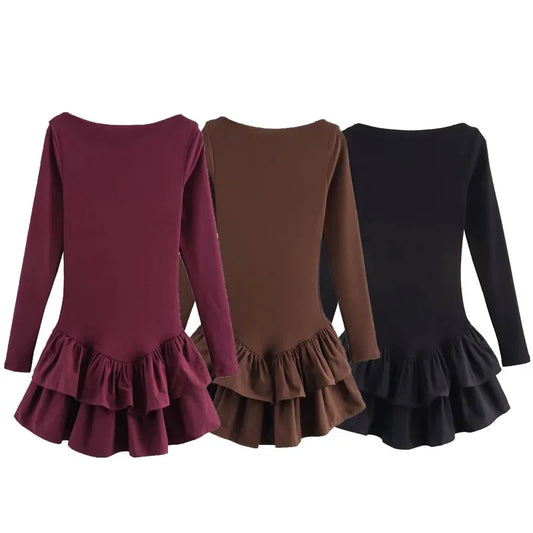 HXAO Womens Dresses Ruffled Corset Dress Summer 2025 Red Brown Black Dress O-Neck Long Sleeve Dresses Layered Party Vestidos 066