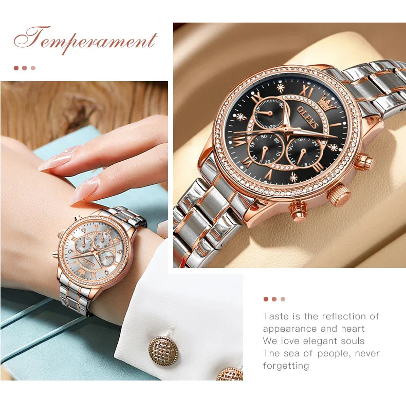 OLEVS Women's Watches Top Brand Luxury Original Quartz Watch for Ladies Chronograph Waterproof Luminous Rhinestone Dial 24 Hour
