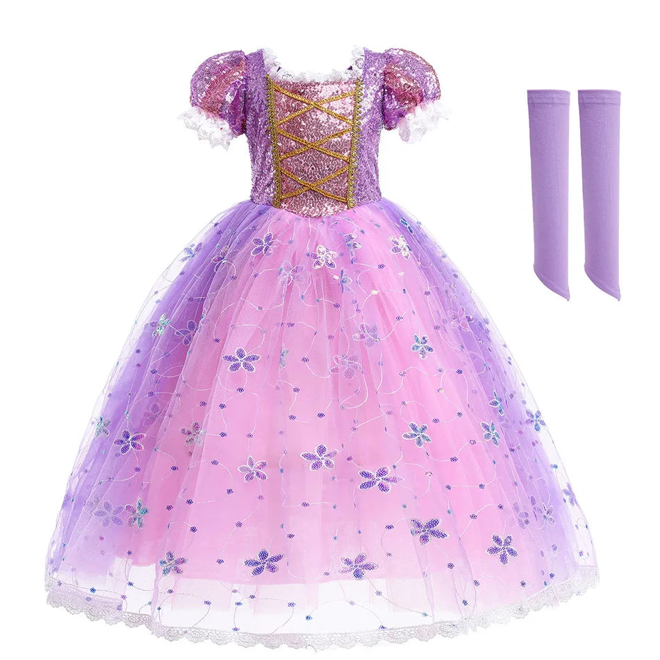 Children Halloween Costume Little Girls Rapunzel Costume Sequins Purple Dress