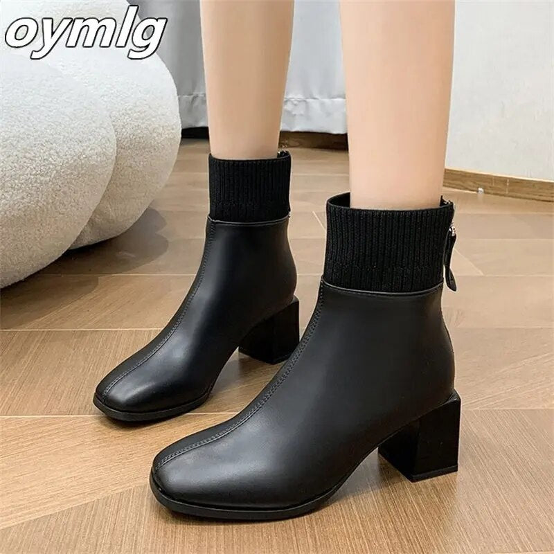 High Heel Women's Short Boots Simple Splicing Square Head Thick Heel