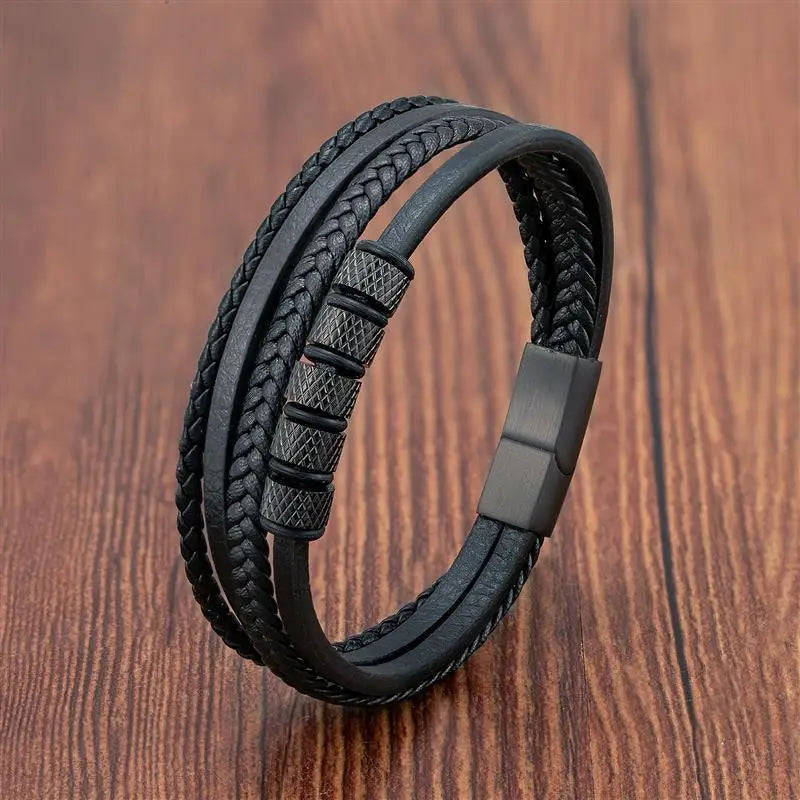 Punk Men Leather Bracelet with Stainless Steel Magnetic Clasp Braided Mutilayer Leather Wrapping Bangles Man Jewelry Gift