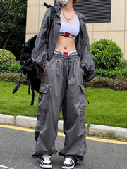 Y2K Parachute Black Pants Women Hippie Streetwear Oversize Pockets Cargo Trousers