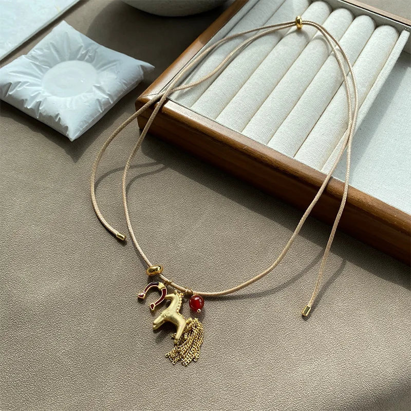 Minar Funny Metallic Cartoon Horse Multi Tassel Beads Pendant Necklaces for Women Female Adjustable Long Wax Rope Chain Chokers
