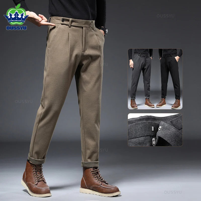 Autumn Winter Worsted Suit Pants Men Thick Business Classic Grey Khaki Woolen