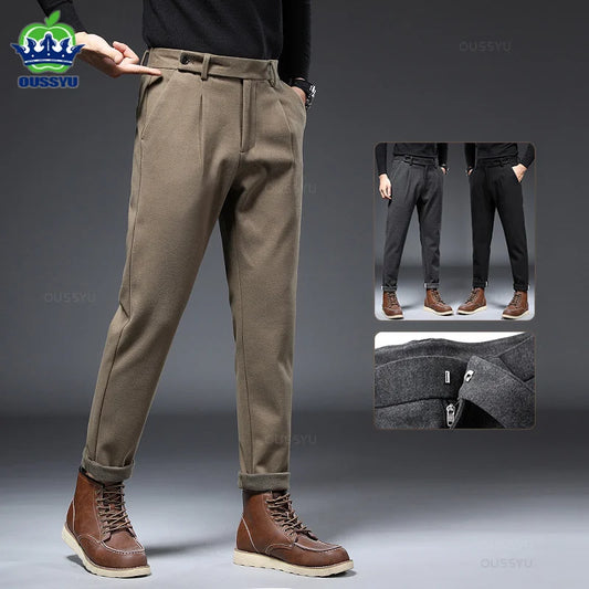 Autumn Winter Worsted Suit Pants Men Thick Business Classic Grey Khaki Woolen