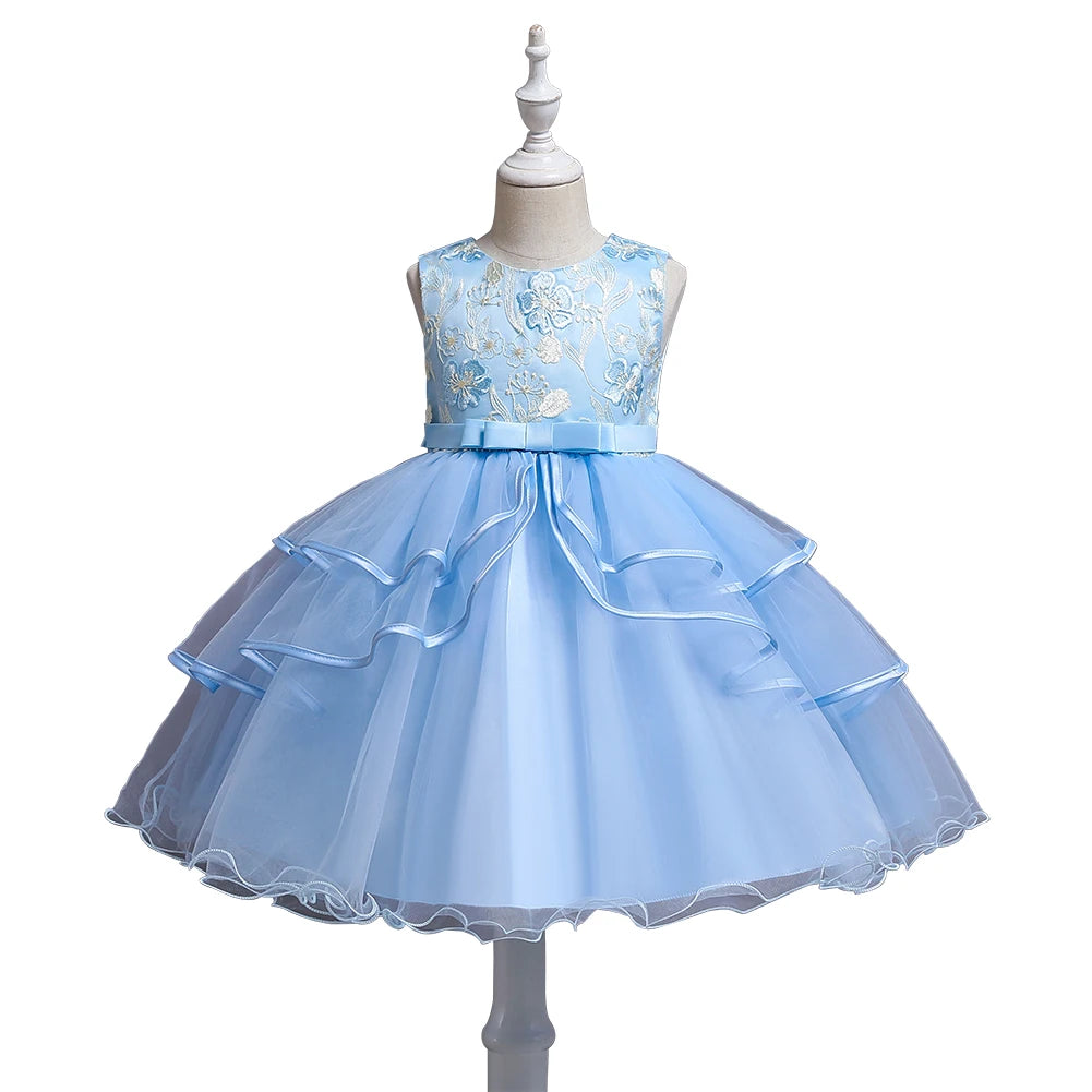Blue girl's floral embroidery dress sleeveless slim princess birthday party dress piano performance Wear