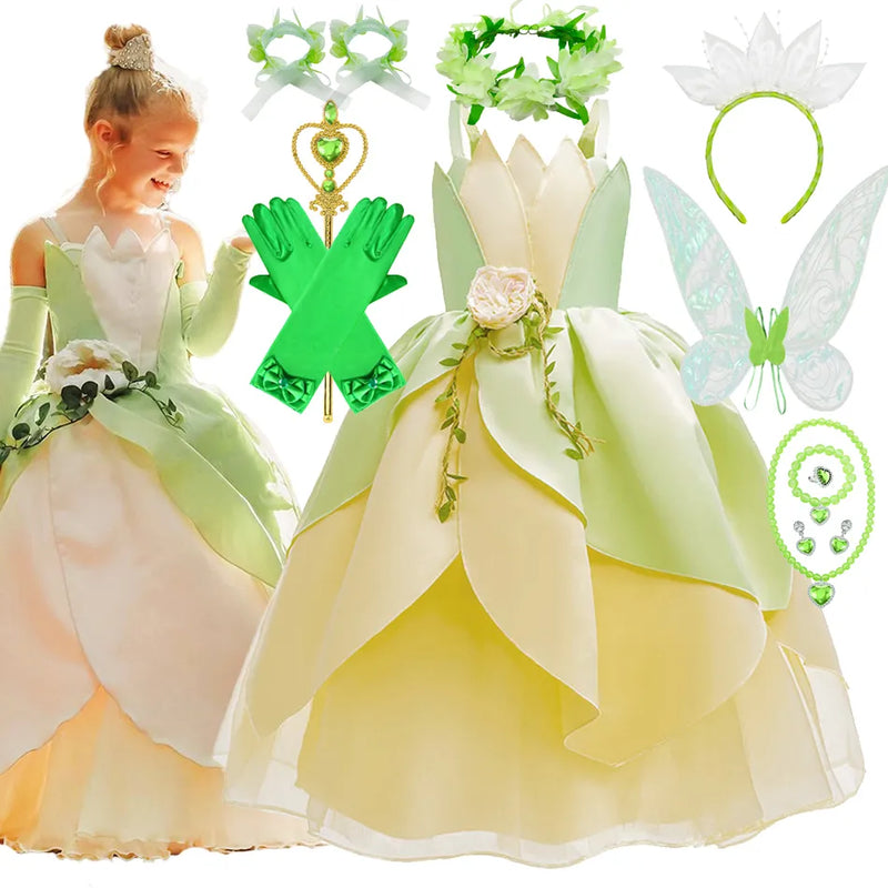 Tiana Cosplay Costume for Girls Fancy Princess Cosplay The Frog Dress Carnival Birthday Party Kids Frock Ball Gowns Clothes 2-11