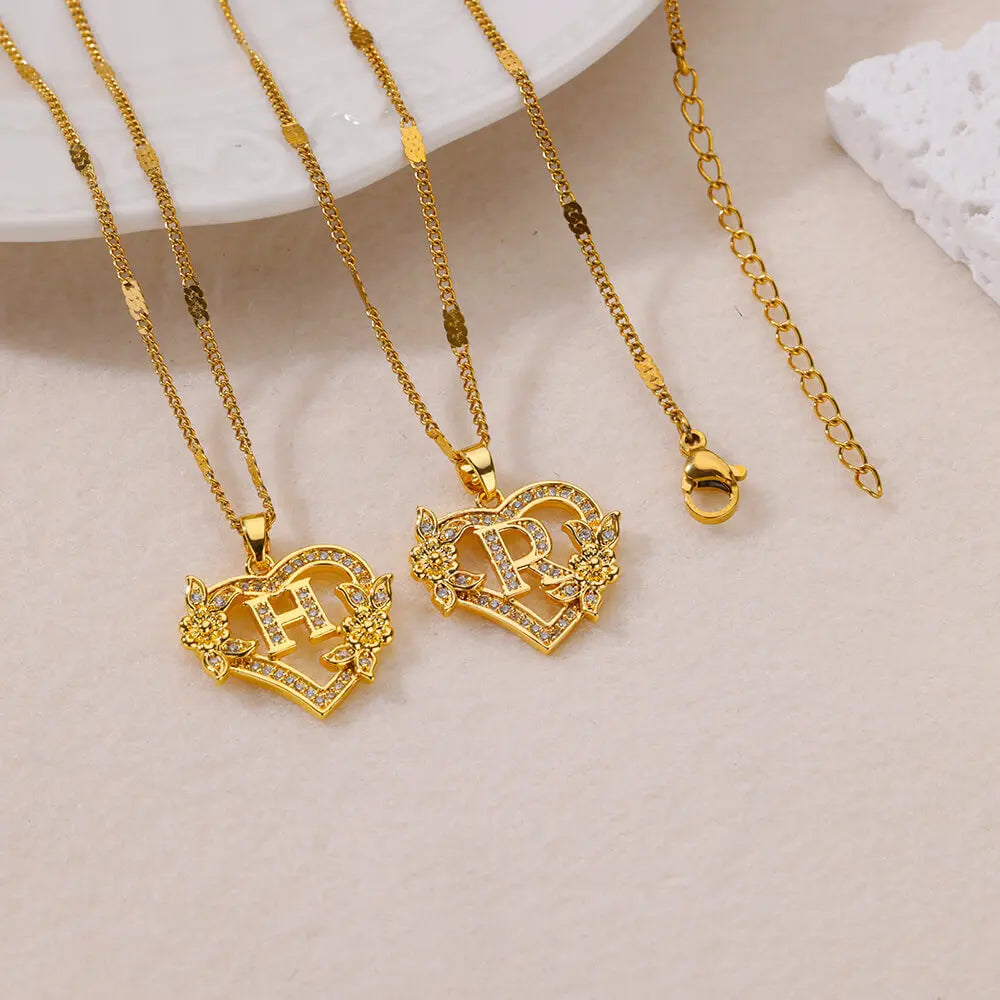 Flower Zircon Initial Heart Pendant Necklaces For Women 2024 Trend Stainless Steel Letter Necklaces Jewelry Best Friend Gifts