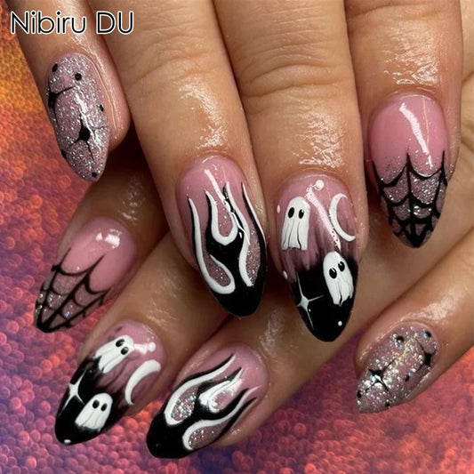 24Pcs Almond Halloween Press on Nails Full Cover French Fake Nails Cartoon Bat Spider