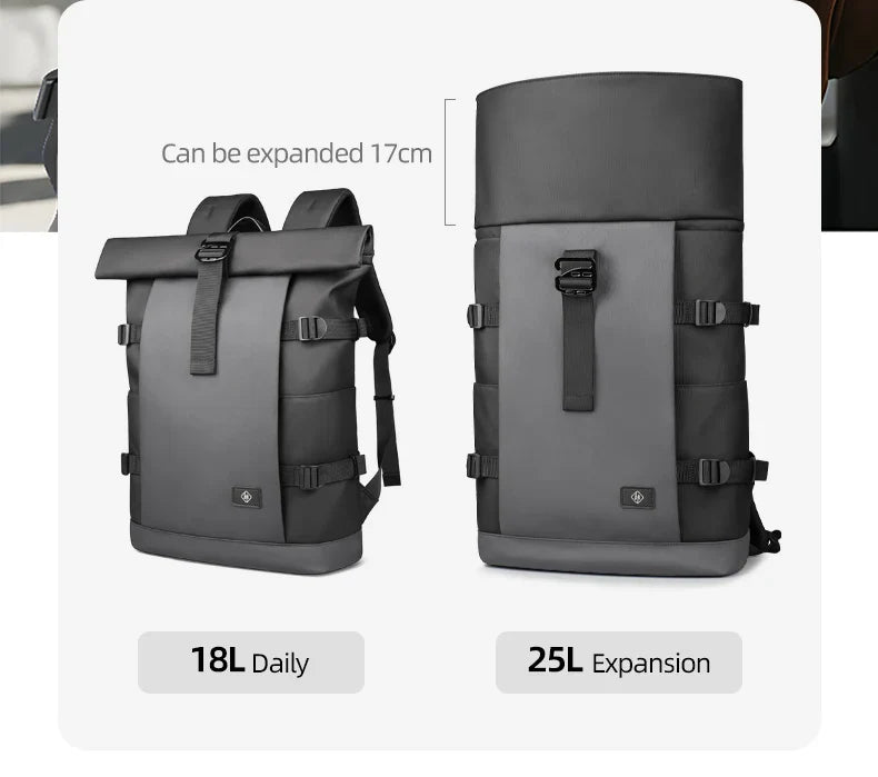 HK Waterproof Roll-Top Backpack for Men Large Capacity Expandable 17 Inch Laptop Bag Leisure Travel Backpack Hiking Camping Bags