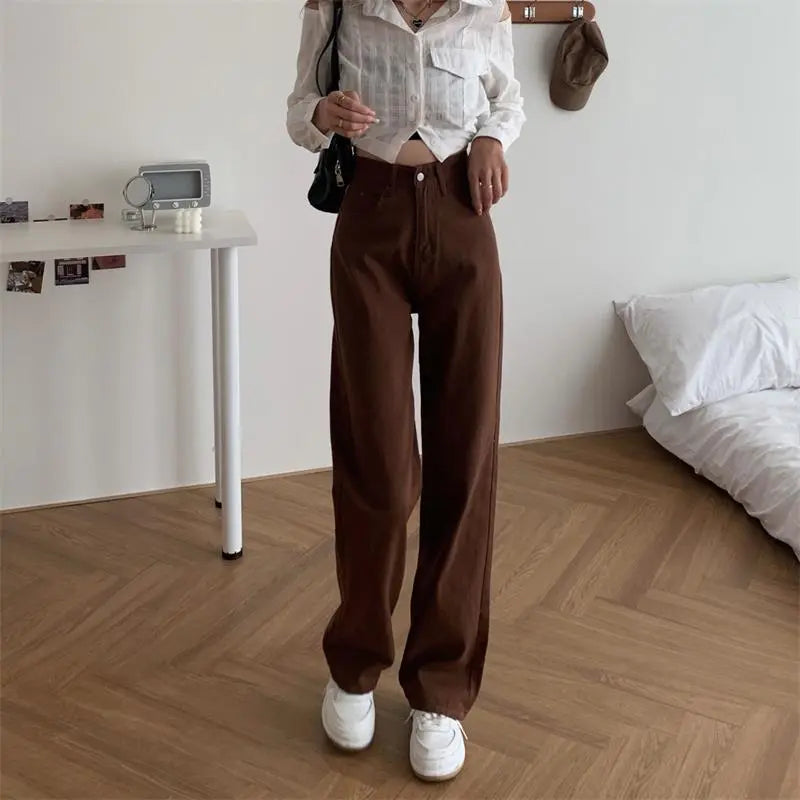 Summer Women Brown Jeans High Waist Loose Straight Wide Leg Denim Trouser