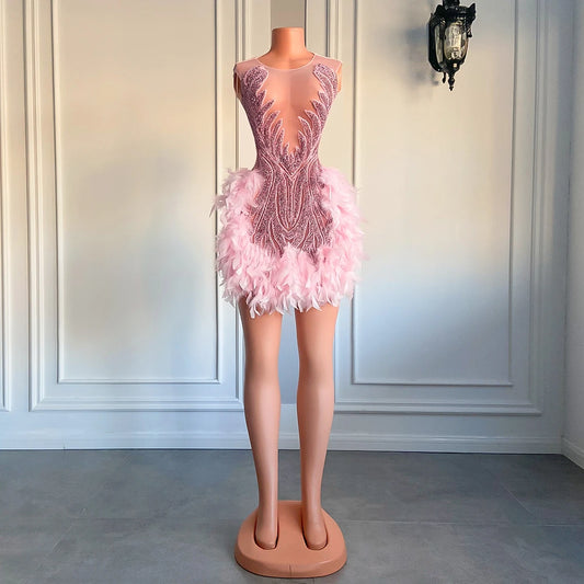 Evening wear Dresses: Women Cocktail Dress Pink Feather Black Girl Short Prom Dresses
