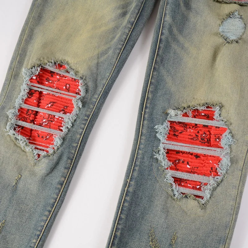 Men Cracked Patch Stretch Denim Jeans Streetwear Holes Ripped Distressed