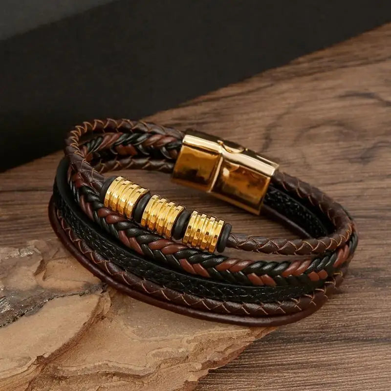 Punk Men Leather Bracelet with Stainless Steel Magnetic Clasp Braided Mutilayer Leather Wrapping Bangles Man Jewelry Gift