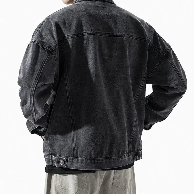 Men's Denim Jacket Blue Button Male Jean Coats with Embroidery Loose Big Size Worn