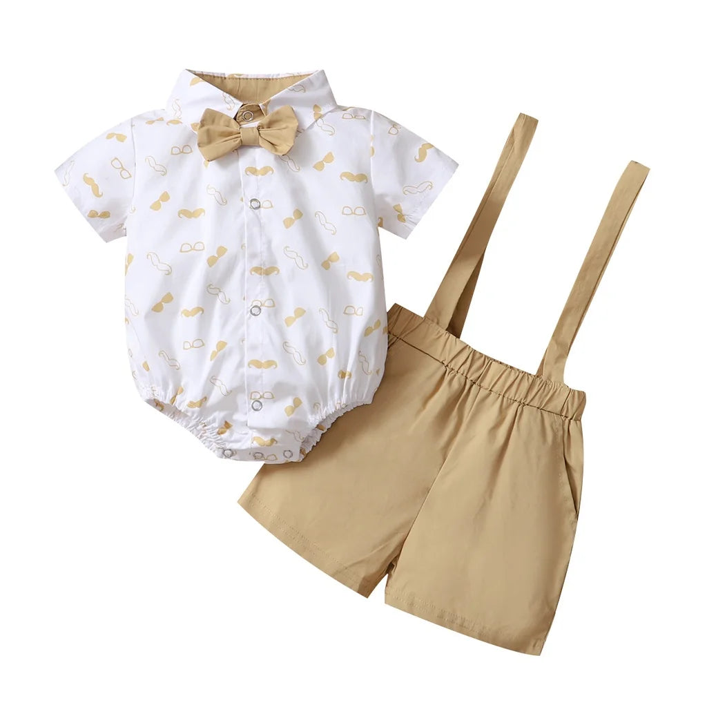 0-24 Months Baby Boys Costumes Short Sleeve Bodysuit with Bow + Suspender Pants Wedding Parties Festivals Gentleman Clothing