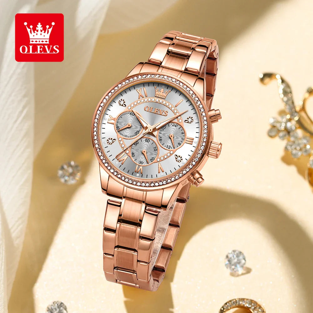 OLEVS Women's Watches Top Brand Luxury Original Quartz Watch for Ladies Chronograph Waterproof Luminous Rhinestone Dial 24 Hour