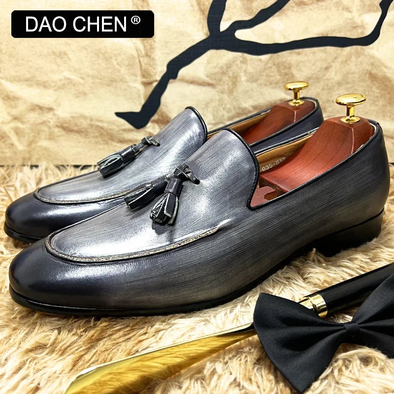 ELEGANT MEN CASUAL SHOES BLACK GRAY SLIP ON TASSELS LOAFERS LEATHER MENS DRESS SHOES WEDDING OFFICE FORMAL SHOES FOR MEN