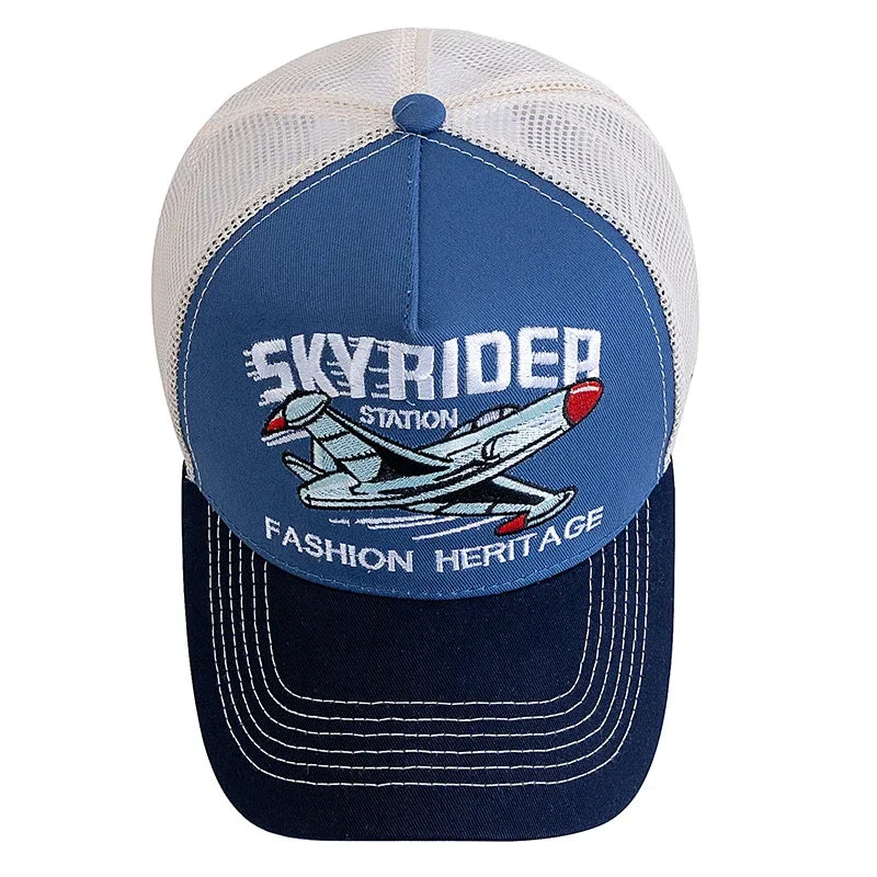 New Style Breathable Mesh Cap Outdoor Baseball Cap Men Women SKY RIDER Embroidered Pattern Snapback Trucker Hat Cap