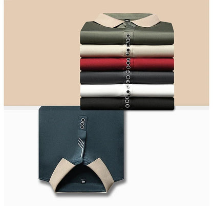 New Men's Long-sleeved Polo Shirt Sweatwear Business Casual Top Fashion Classic Solid Color Male Brand Basic V-neck Top