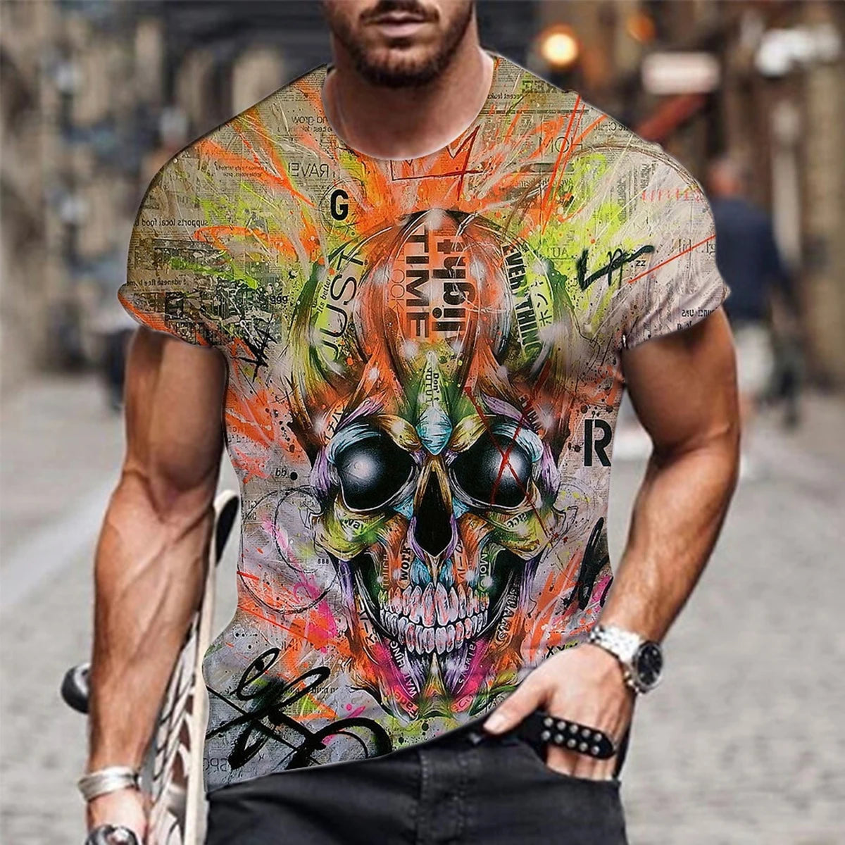 Men's Black Street Style T-shirt 3D Gothic Skull Printed Round Neck Short Sleeve Halloween Fashion Casual Top