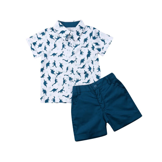 Summer Children Clothes Set Infant Cartoon Dinosaur Print Short Sleeve Shirt + Solid Color Shorts Kid Toddler Boys Outfit