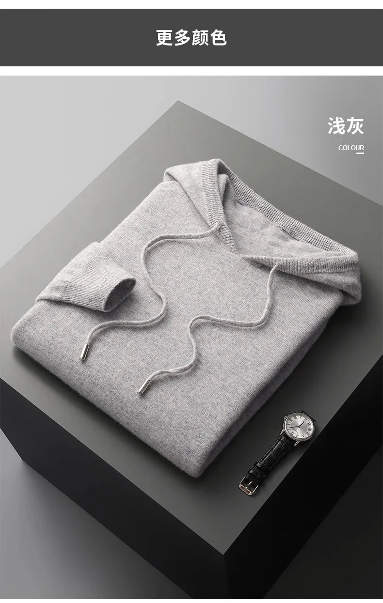 Men's One-piece ready-to-wear Hoodie 100% Merino Wool Knitted Sweatshirt Autumn