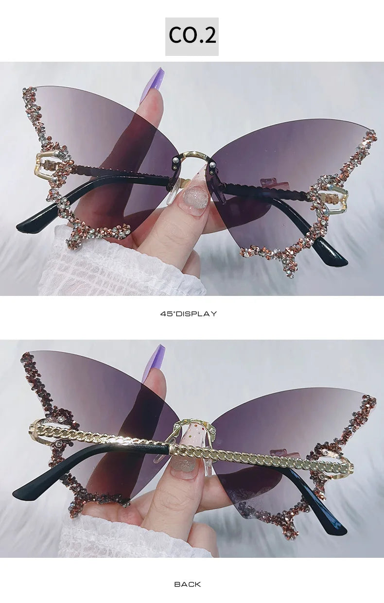 Luxury Party Sunglasses Women Butterfly Diamond Rhinestones Personality Flash Shades Tint Color Travel Blogger Glasses