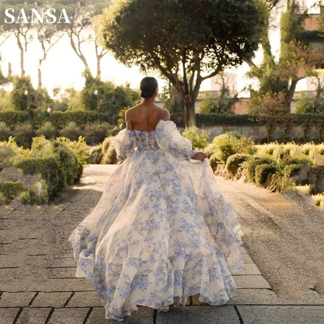 Homecoming Dresses: Puffy Sleeve Printing A-line Romantic Strapless Long Tail