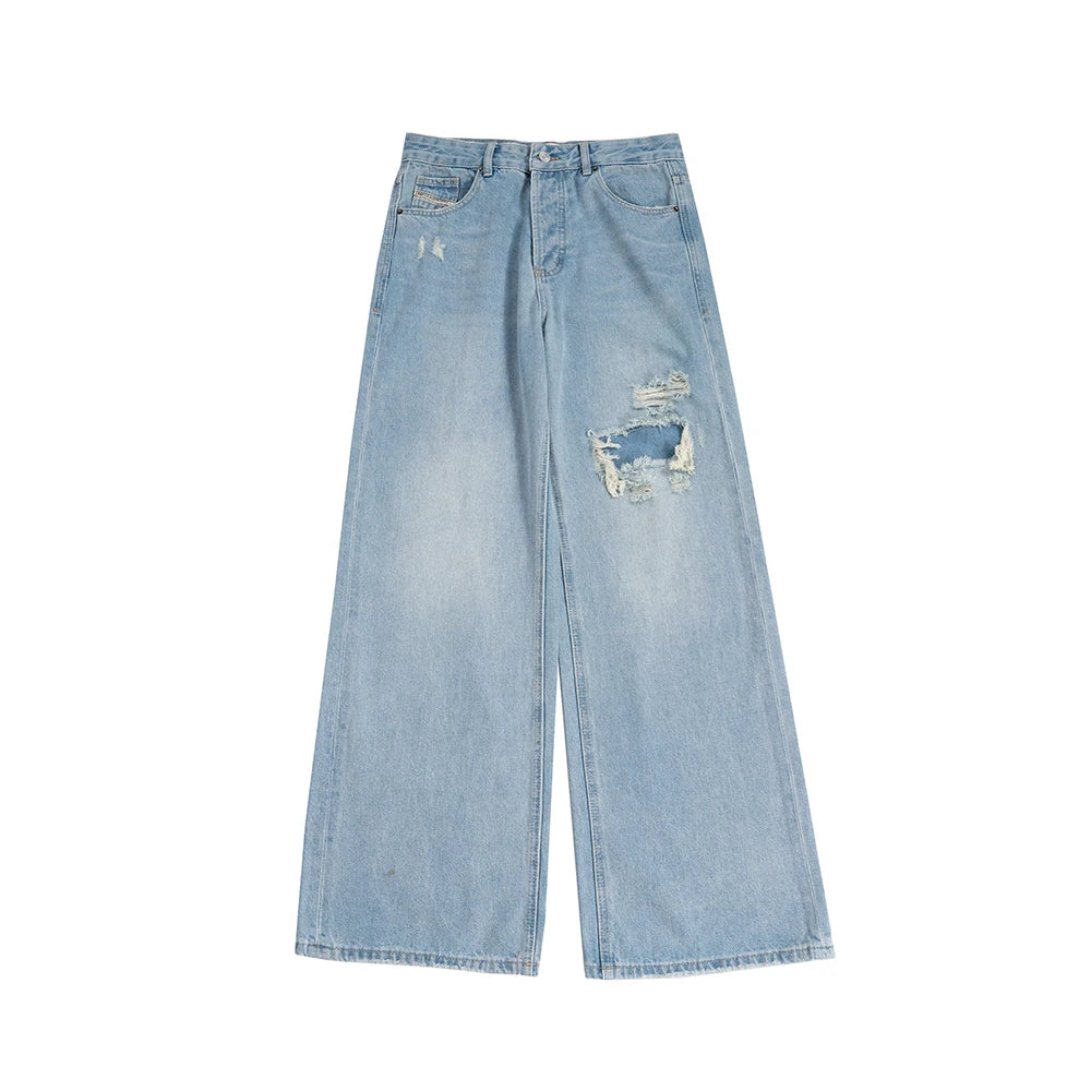 Streetwear Wide Leg Baggy Hole Cut Washed Jeans Unisex Straight Y2K Ripped Flare