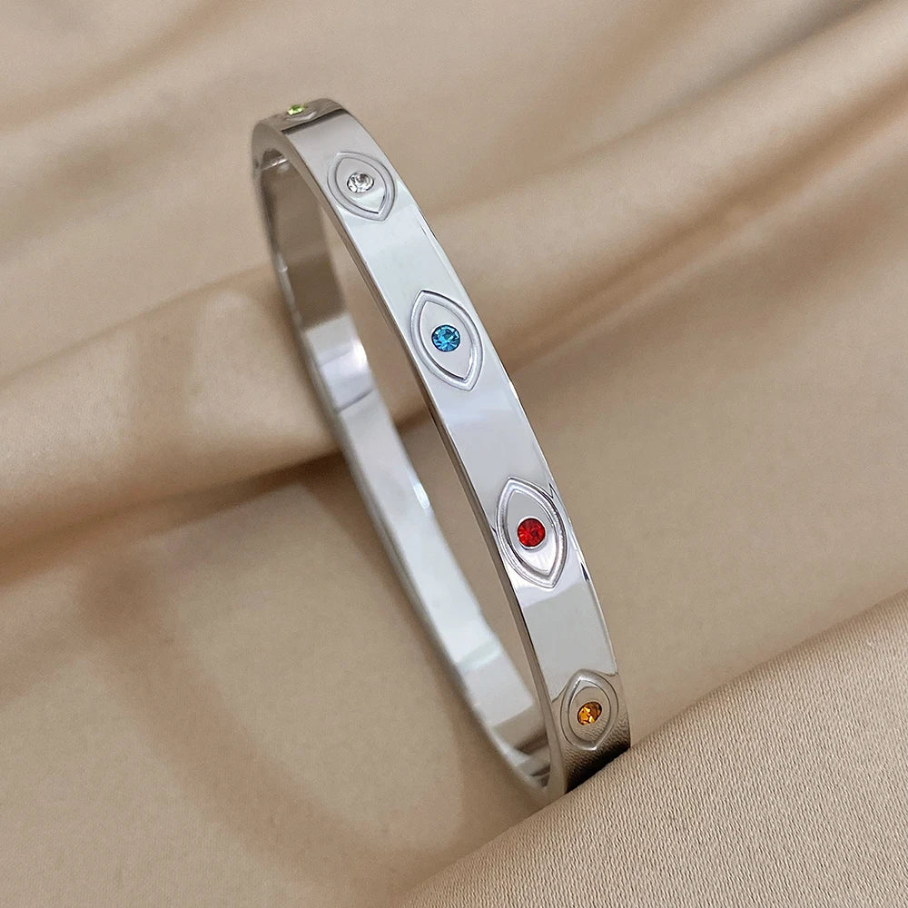 Evil Eye Bracelet Exquisite Stainless Steel Hollow Evil Eye Decorative Charm Bracelet Bangles with Rhinestones