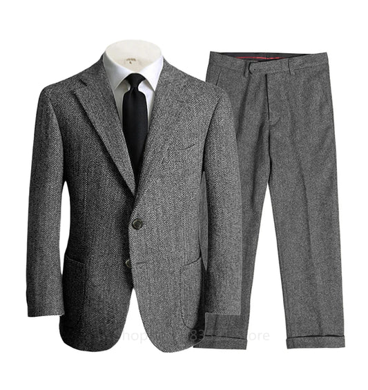 Latest Men's 2 Pieces Suit Custom made Wool Herringbone Wedding Groomsmen Fashion Shawl Lapel Tuxedos Slim Fit Blazer+Pants