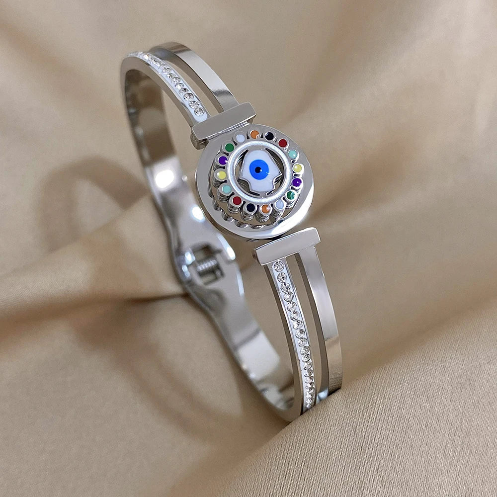 Evil Eye Bracelet Exquisite Stainless Steel Hollow Evil Eye Decorative Charm Bracelet Bangles with Rhinestones