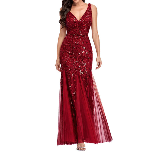 Homecoming Dresses: Red Women Embroidered Beading Long Prom Dress