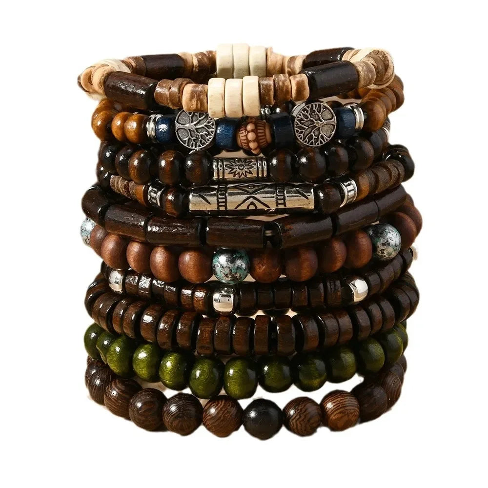 10PCS Bohemia Ethnic Beaded Bracelets For Men Vintage Multi Layer Wooden Beads Life Tree Beaded Bracelets Accessory Gifts Party