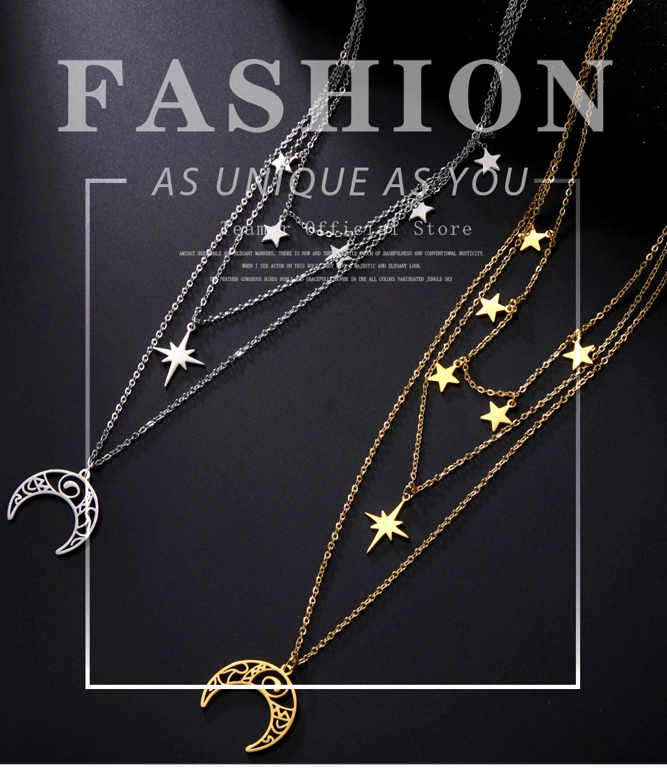 Teamer Three Layer Witchy Necklace for Women Star Moon Stainless Steel Necklaces