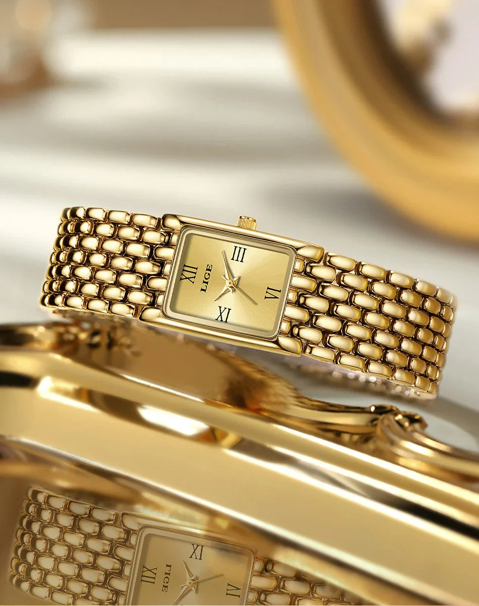 LIGE 2025 Fashion New Gold Women's Watch Luxury Quartz Watch Stainless Steel Bracelet Retro 30M Waterproof Watches Women reloj