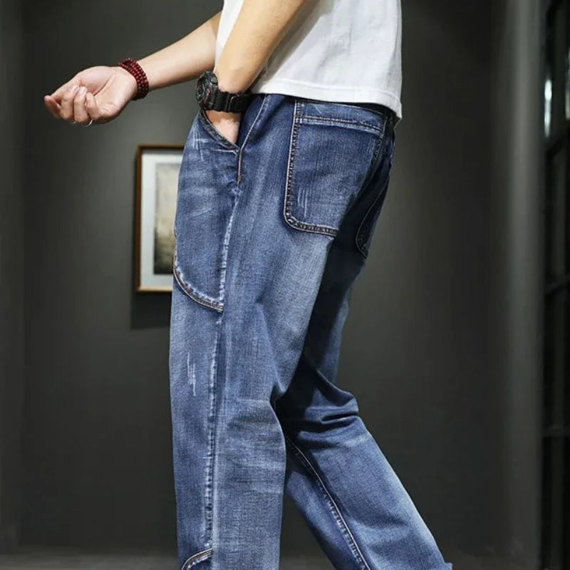 Pants Straight Trousers with Pockets Blue Jeans for Men Retro Baggy Buggy