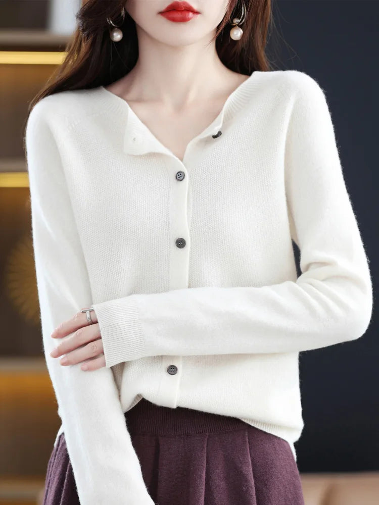 Long Sleeve 100% Merino Wool Sweaters Cashmere Cardigan Spring Autumn Women