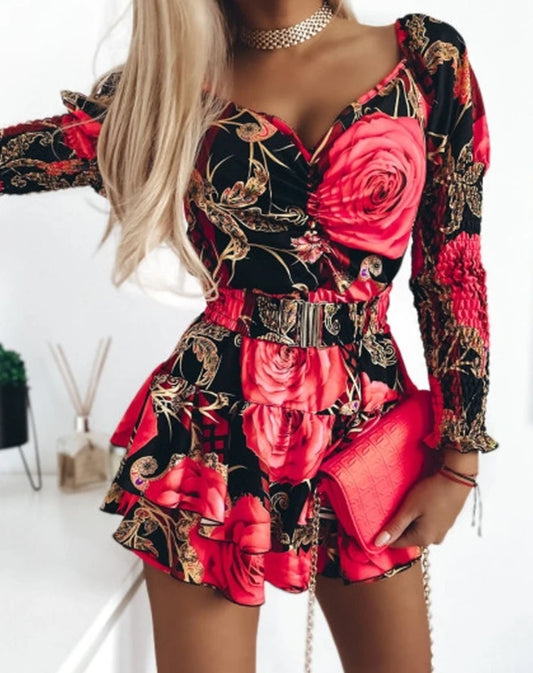 Elegant Evening Party Dresses for Women Floral Print Shirred Layered Dress