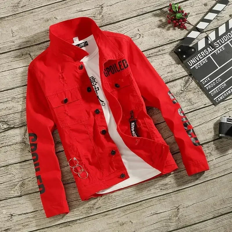 Denim Jackets Man Punk Ripped Jeans Coat for Men Slim Fit with Print Hole Winter