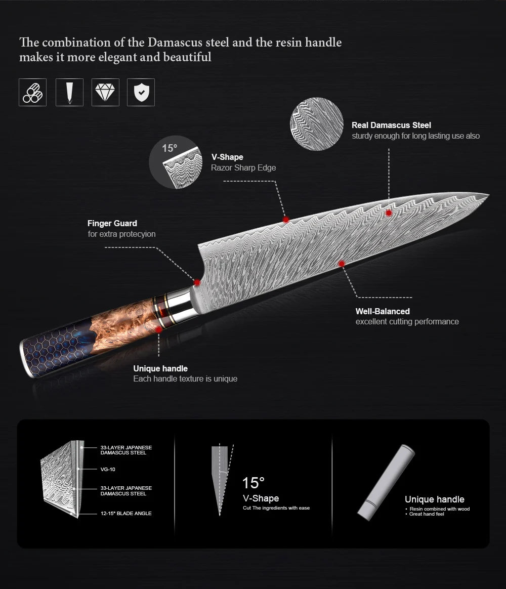 1-9 Piece Kitchen Knives Set Damascus Steel Chef Knife Sharp Cut Vegetables