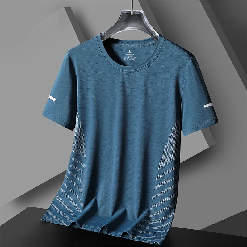 Running T-shirt Men Summer Ice Silk Thin Top Reflective Printing Quick Dry Short Sleeve Breathable Fitness Sports T-shirt 5XL