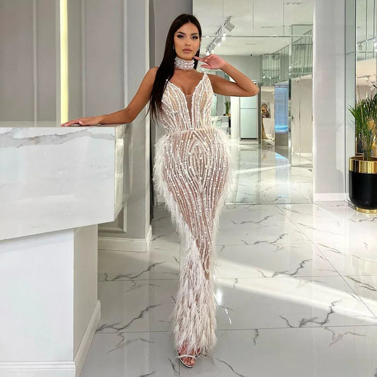 White Nude Mermaid Spaghetti Strap Beaded Feather Evening Dresses