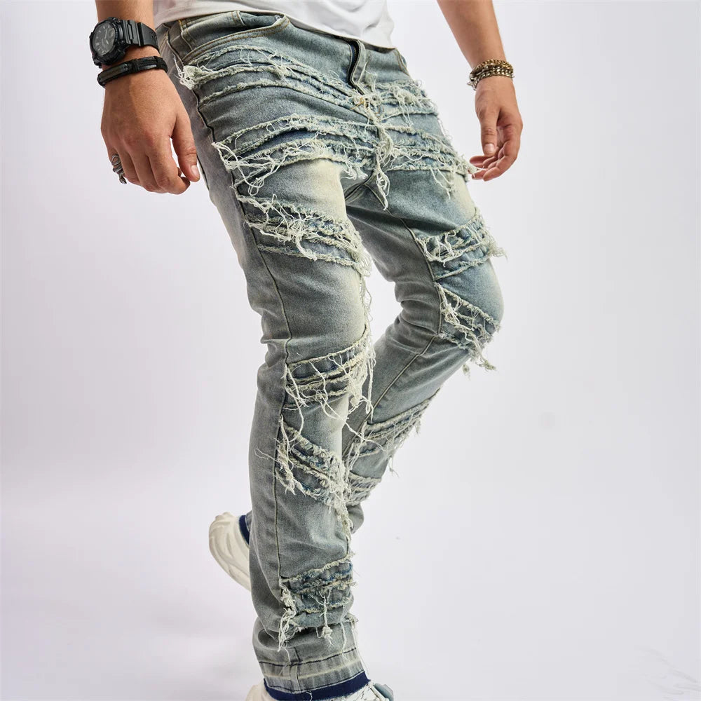 Men Vintage Stylish Loose Ripped Patch Jeans Pants Streetwear Male Solid Casual